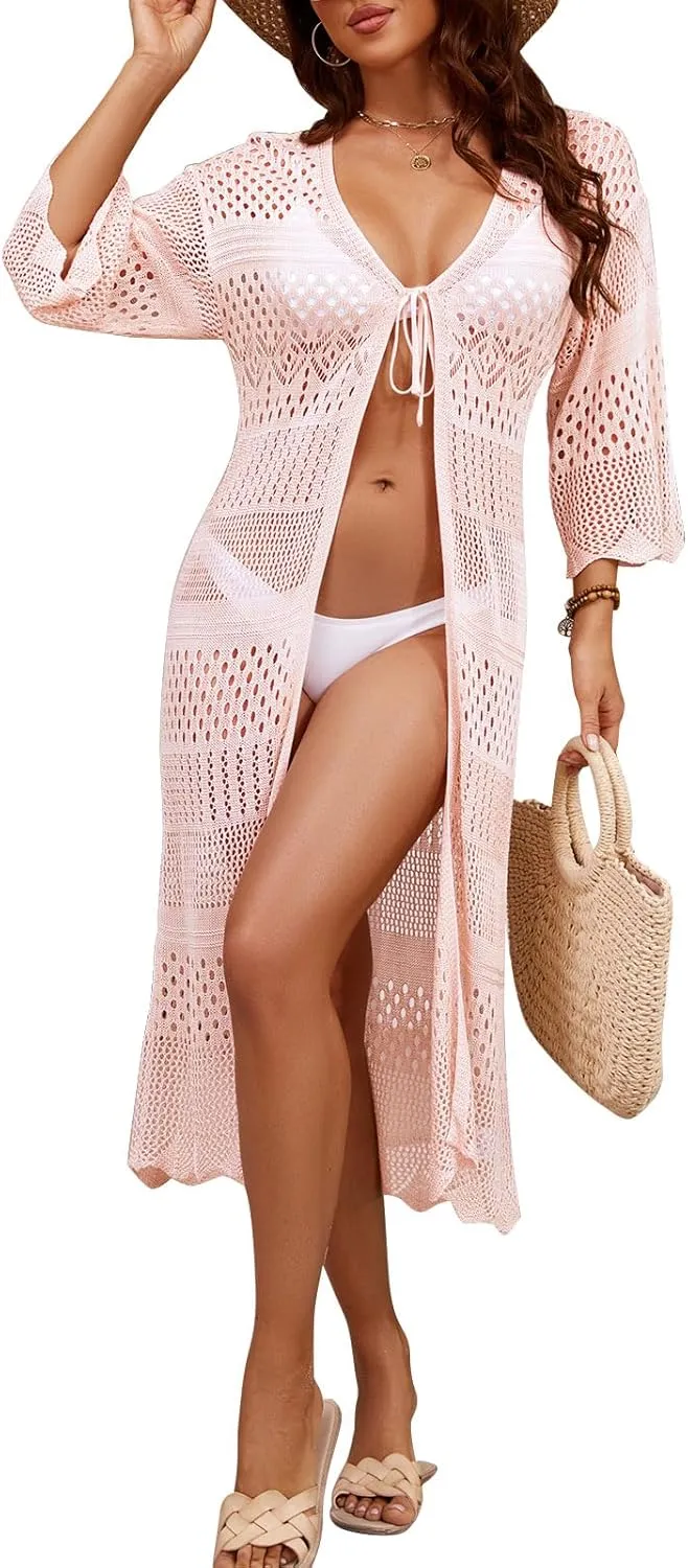 Women's Tie front Summer Cardigan Short Sleeve Hollow Out Crochet Long Kimono Cover Up
