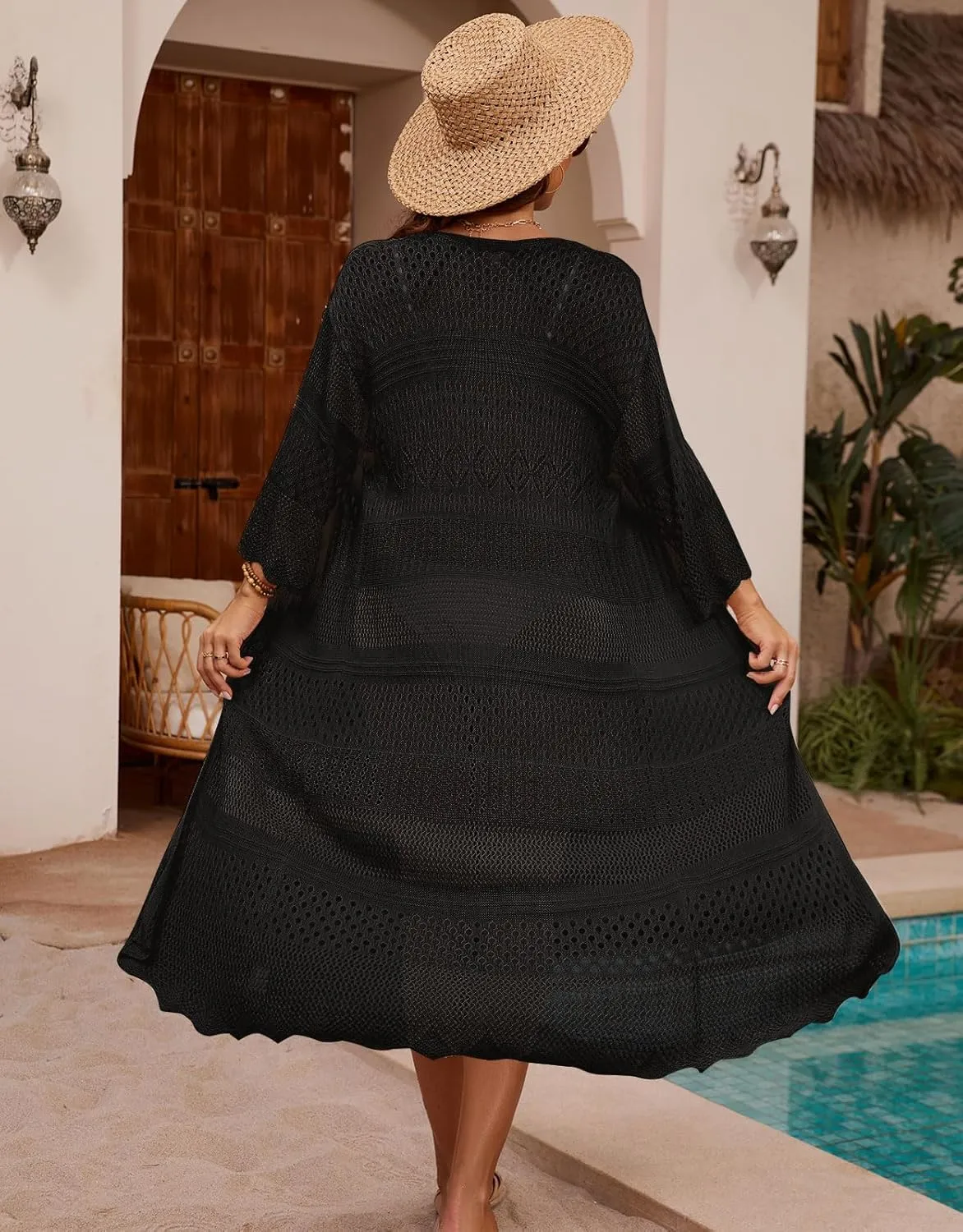 Women's Tie front Summer Cardigan Short Sleeve Hollow Out Crochet Long Kimono Cover Up