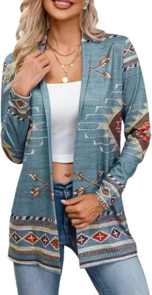 Womens Vintage Aztec Printed Western Casual Open Front Outwear Long Sleeve Shawl Collar Cardigan Sweater Coat