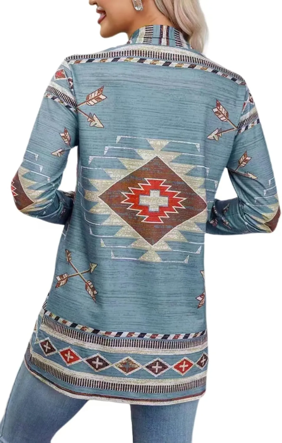 Womens Vintage Aztec Printed Western Casual Open Front Outwear Long Sleeve Shawl Collar Cardigan Sweater Coat