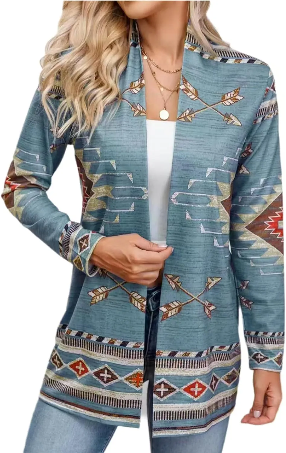 Womens Vintage Aztec Printed Western Casual Open Front Outwear Long Sleeve Shawl Collar Cardigan Sweater Coat
