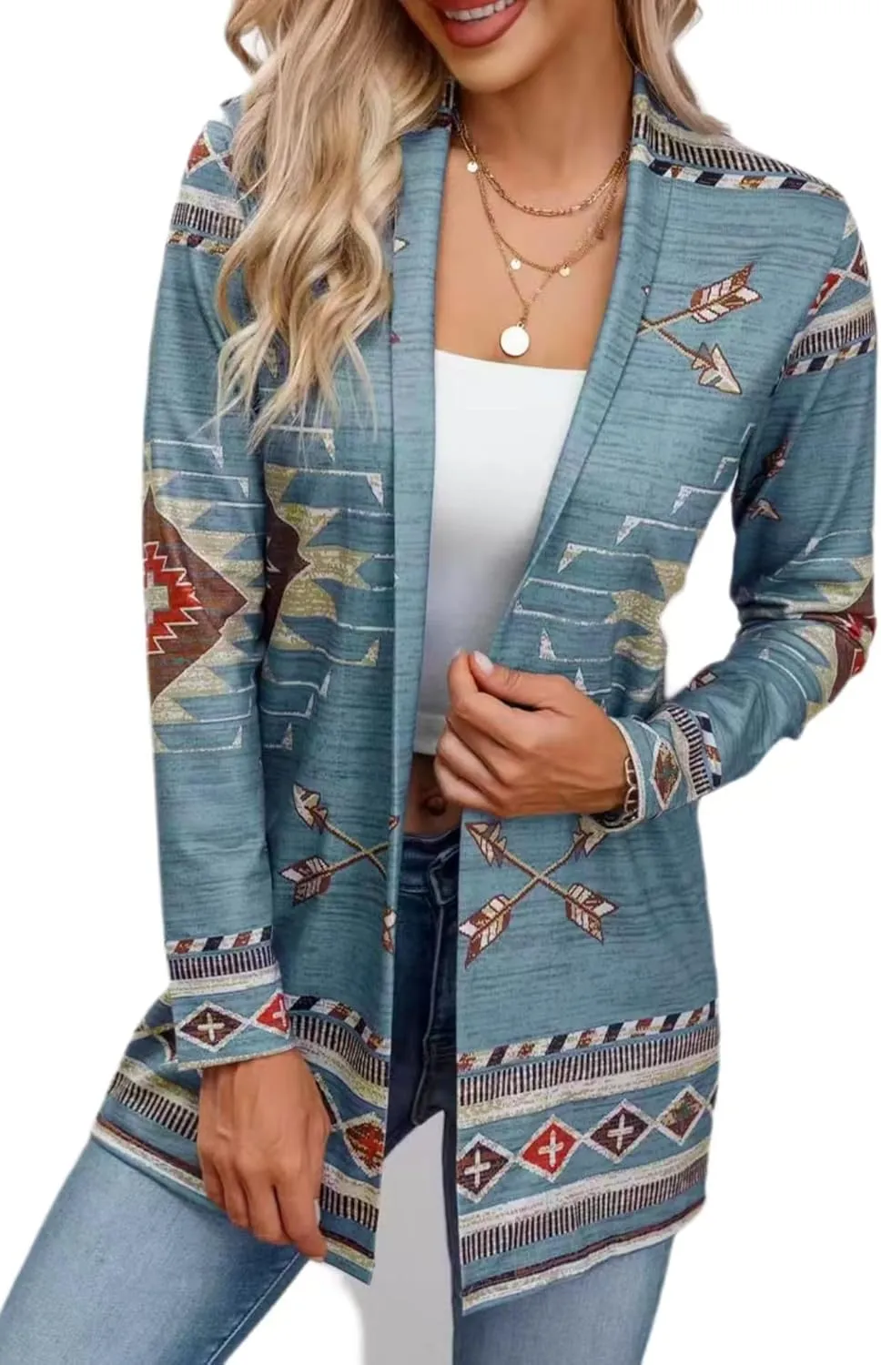 Womens Vintage Aztec Printed Western Casual Open Front Outwear Long Sleeve Shawl Collar Cardigan Sweater Coat