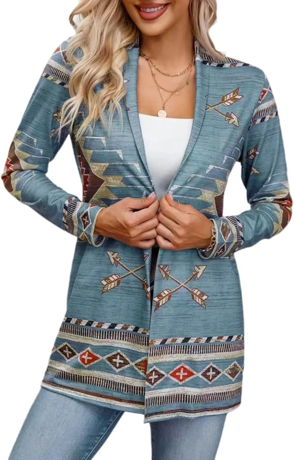 Womens Vintage Aztec Printed Western Casual Open Front Outwear Long Sleeve Shawl Collar Cardigan Sweater Coat