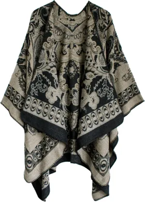 Women's Vintage Pattern Open Front Poncho Cape Shawl Winter Shawl Wraps