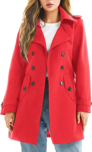 Women's Waterproof Trench Coat Double-Breasted Classic Lapel Petite Overcoat Belted Slim Outerwear Coat