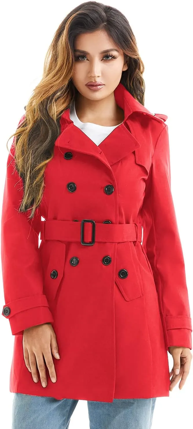 Women's Waterproof Trench Coat Double-Breasted Classic Lapel Petite Overcoat Belted Slim Outerwear Coat