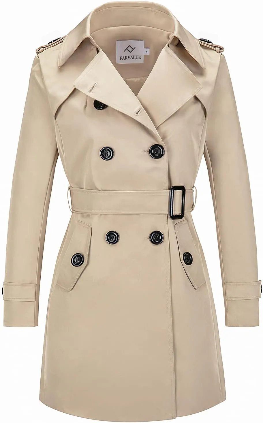 Women's Waterproof Trench Coat Double-Breasted Classic Lapel Petite Overcoat Belted Slim Outerwear Coat