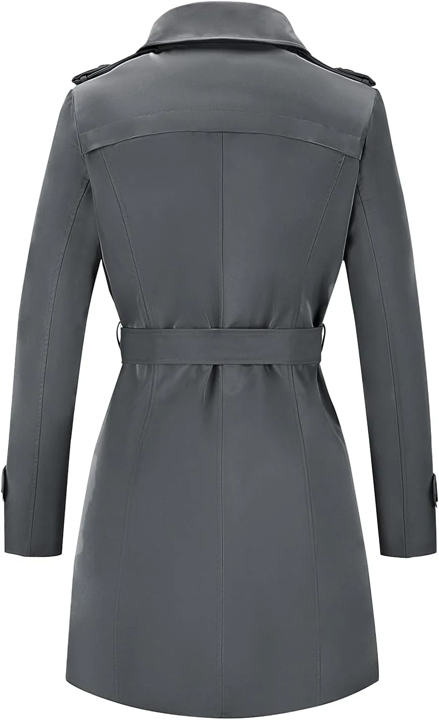 Women's Waterproof Trench Coat Double-Breasted Classic Lapel Petite Overcoat Belted Slim Outerwear Coat