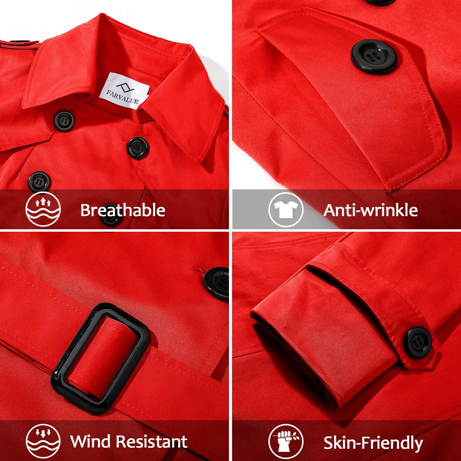 Women's Waterproof Trench Coat Double-Breasted Classic Lapel Petite Overcoat Belted Slim Outerwear Coat