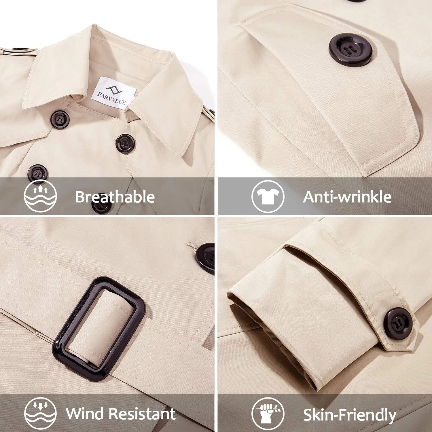 Women's Waterproof Trench Coat Double-Breasted Classic Lapel Petite Overcoat Belted Slim Outerwear Coat