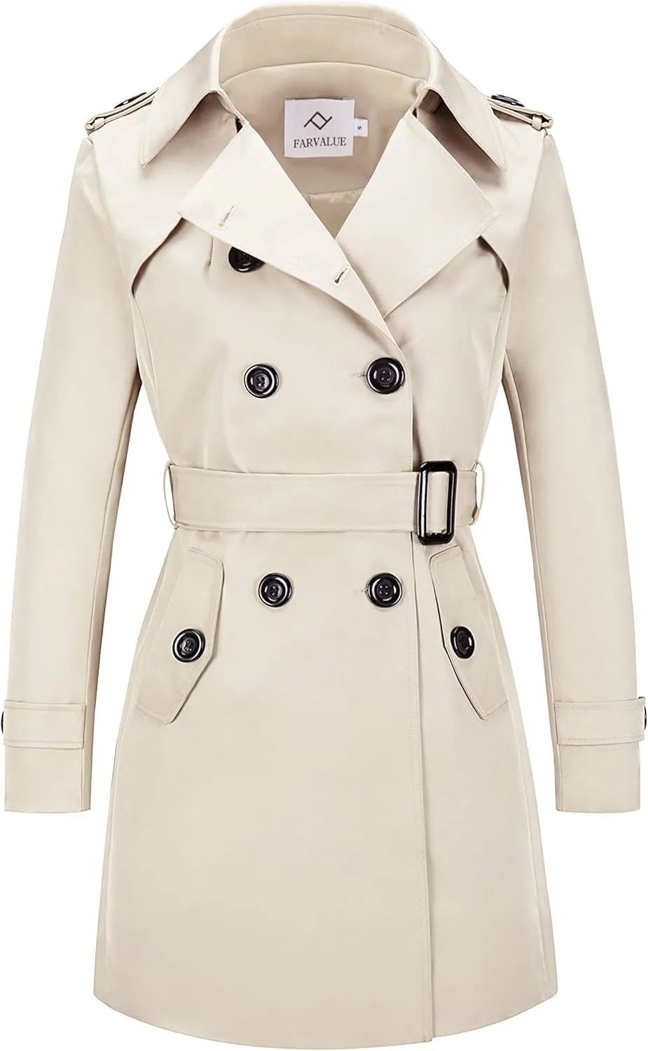 Women's Waterproof Trench Coat Double-Breasted Classic Lapel Petite Overcoat Belted Slim Outerwear Coat
