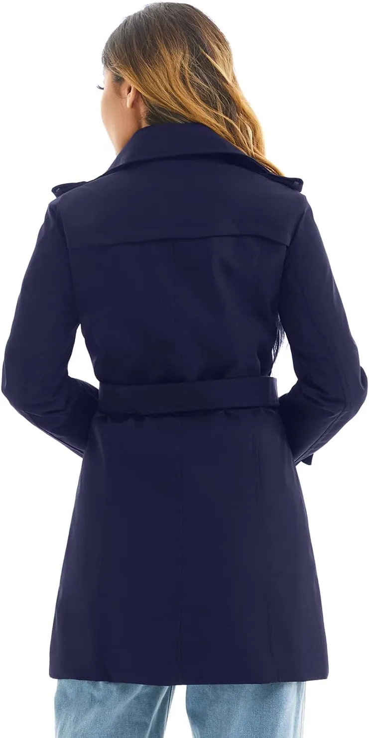 Women's Waterproof Trench Coat Double-Breasted Classic Lapel Petite Overcoat Belted Slim Outerwear Coat
