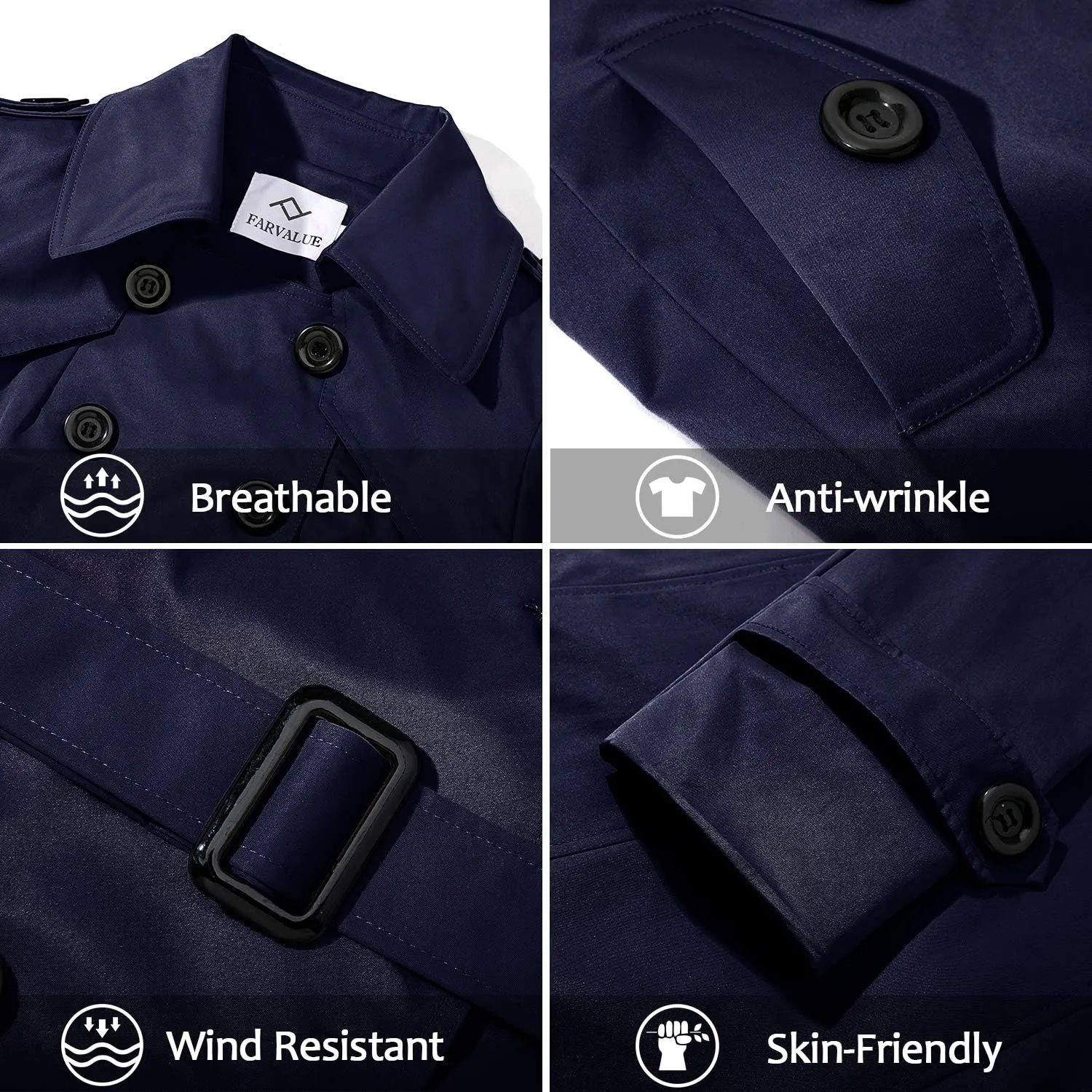 Women's Waterproof Trench Coat Double-Breasted Classic Lapel Petite Overcoat Belted Slim Outerwear Coat