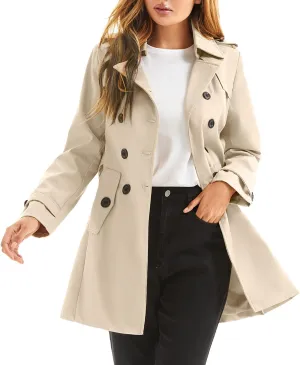 Women's Waterproof Trench Coat Double-Breasted Classic Lapel Petite Overcoat Belted Slim Outerwear Coat