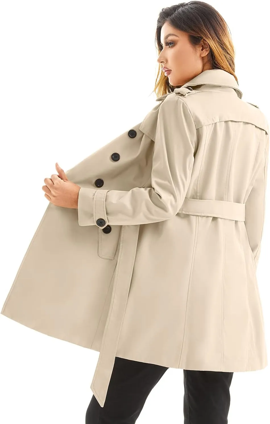 Women's Waterproof Trench Coat Double-Breasted Classic Lapel Petite Overcoat Belted Slim Outerwear Coat