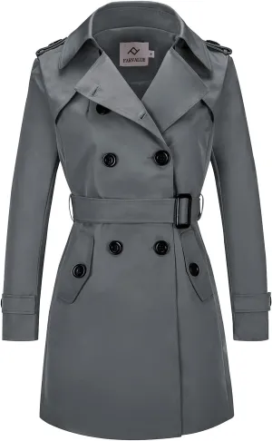 Women's Waterproof Trench Coat Double-Breasted Classic Lapel Petite Overcoat Belted Slim Outerwear Coat
