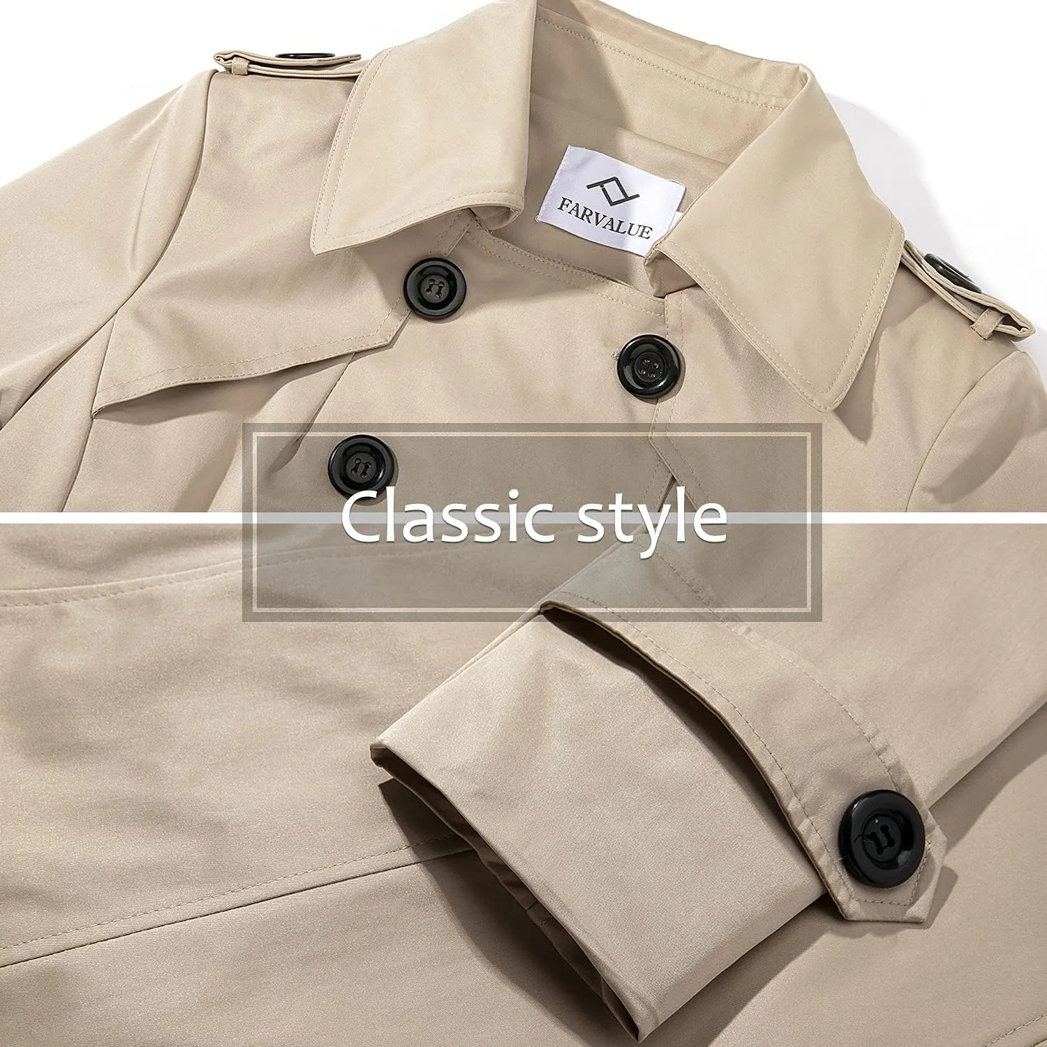 Women's Waterproof Trench Coat Double-Breasted Classic Lapel Petite Overcoat Belted Slim Outerwear Coat