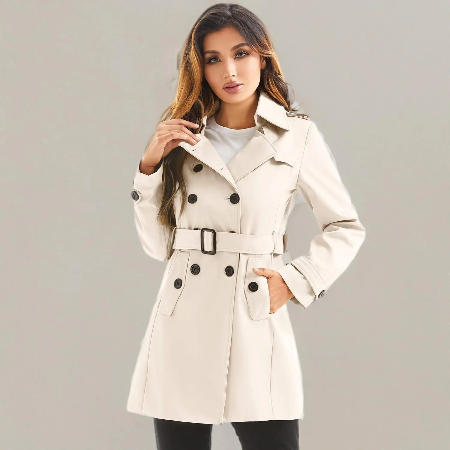 Women's Waterproof Trench Coat Double-Breasted Classic Lapel Petite Overcoat Belted Slim Outerwear Coat