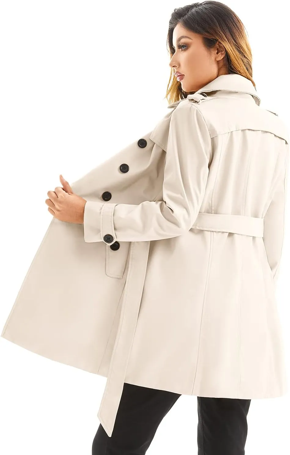Women's Waterproof Trench Coat Double-Breasted Classic Lapel Petite Overcoat Belted Slim Outerwear Coat