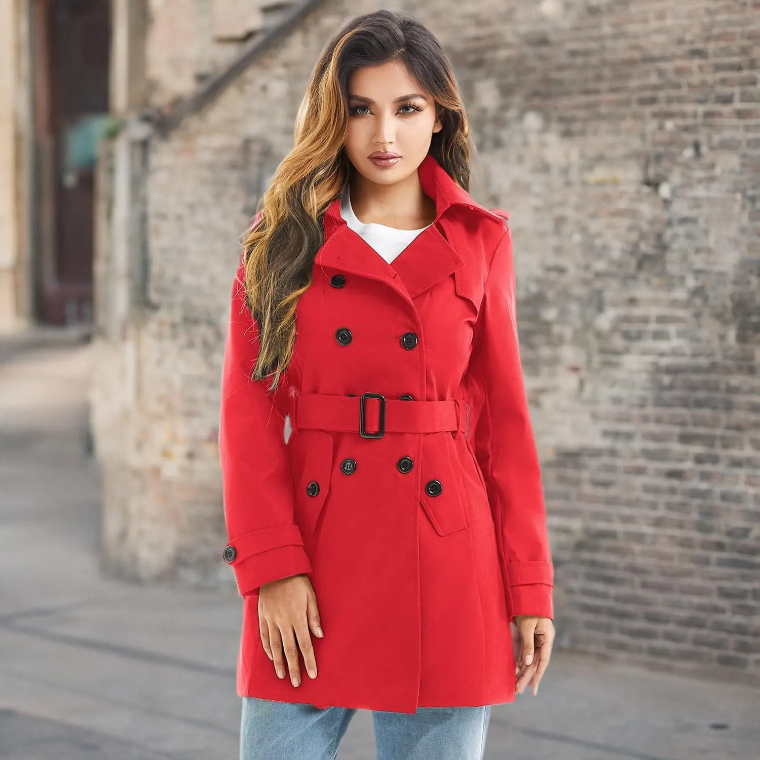 Women's Waterproof Trench Coat Double-Breasted Classic Lapel Petite Overcoat Belted Slim Outerwear Coat
