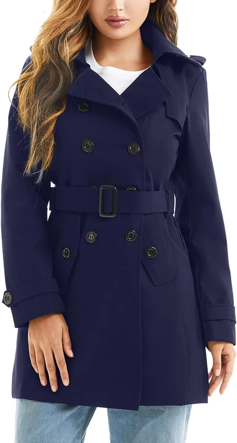 Women's Waterproof Trench Coat Double-Breasted Classic Lapel Petite Overcoat Belted Slim Outerwear Coat
