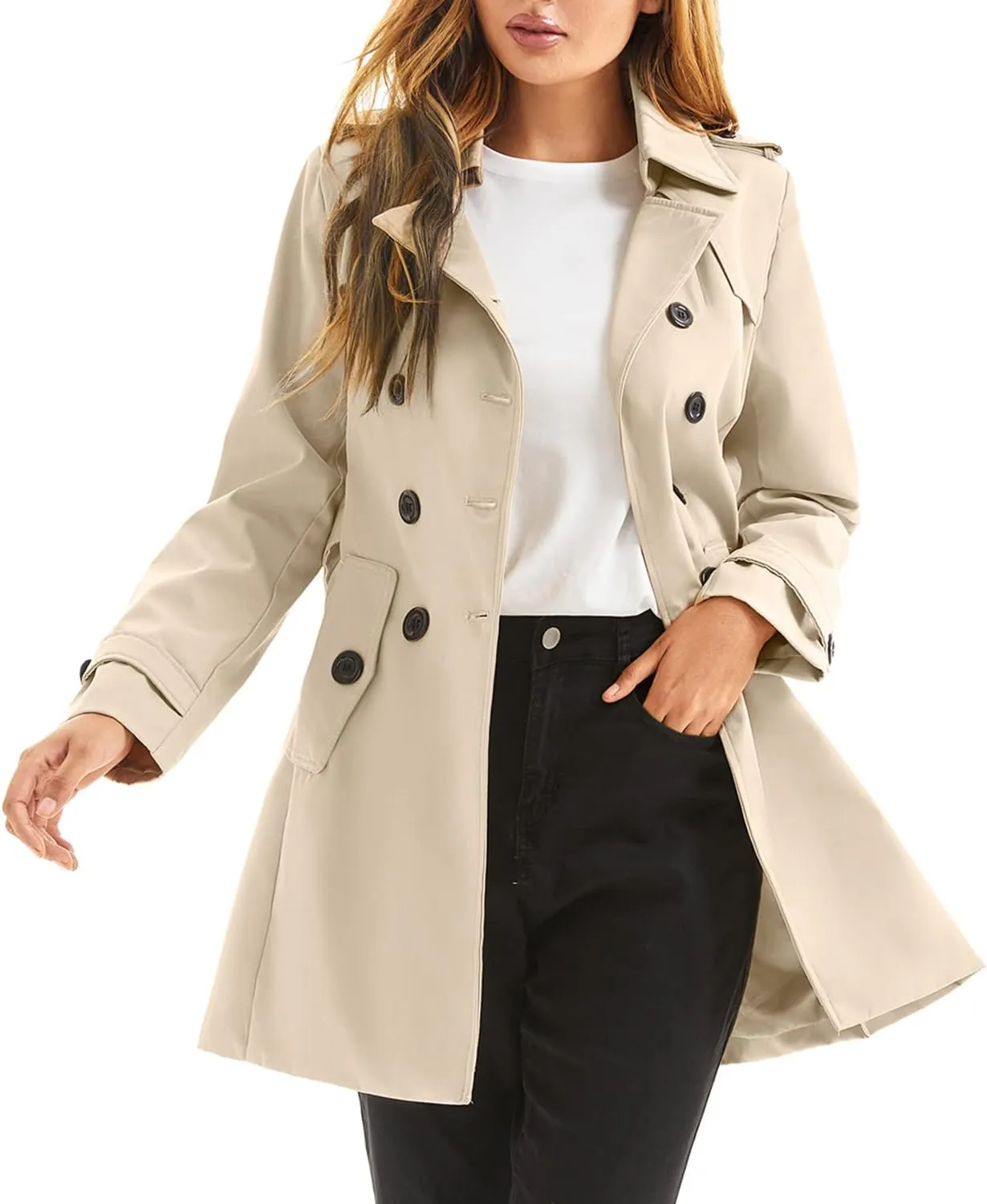 Women's Waterproof Trench Coat Double-Breasted Classic Lapel Petite Overcoat Belted Slim Outerwear Coat