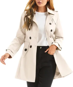 Women's Waterproof Trench Coat Double-Breasted Classic Lapel Petite Overcoat Belted Slim Outerwear Coat
