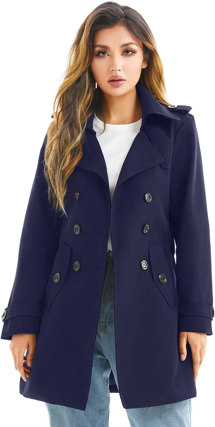 Women's Waterproof Trench Coat Double-Breasted Classic Lapel Petite Overcoat Belted Slim Outerwear Coat
