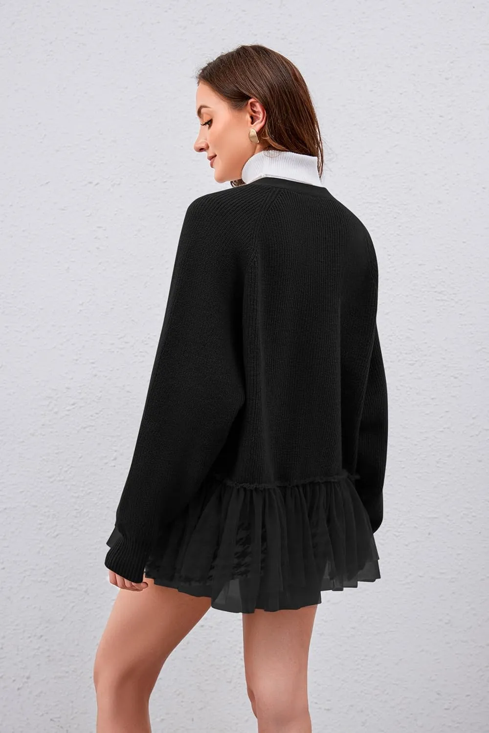 Womens Y2k Oversized Cardigan Sweaters Patchwork Flwoy Hem Crochet Knitted Sweater Tops Tulle Ruffle Ribbed Jacket