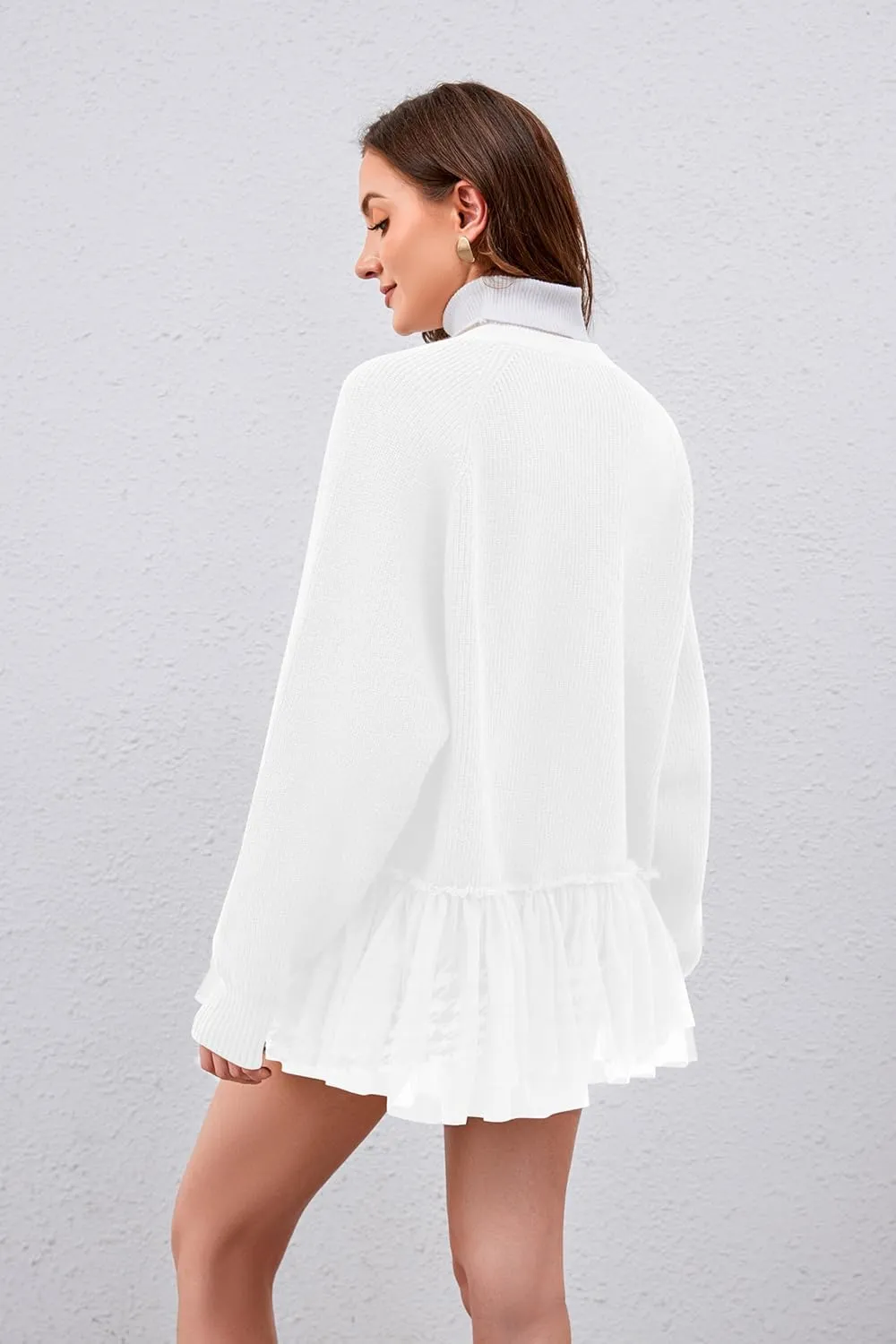 Womens Y2k Oversized Cardigan Sweaters Patchwork Flwoy Hem Crochet Knitted Sweater Tops Tulle Ruffle Ribbed Jacket