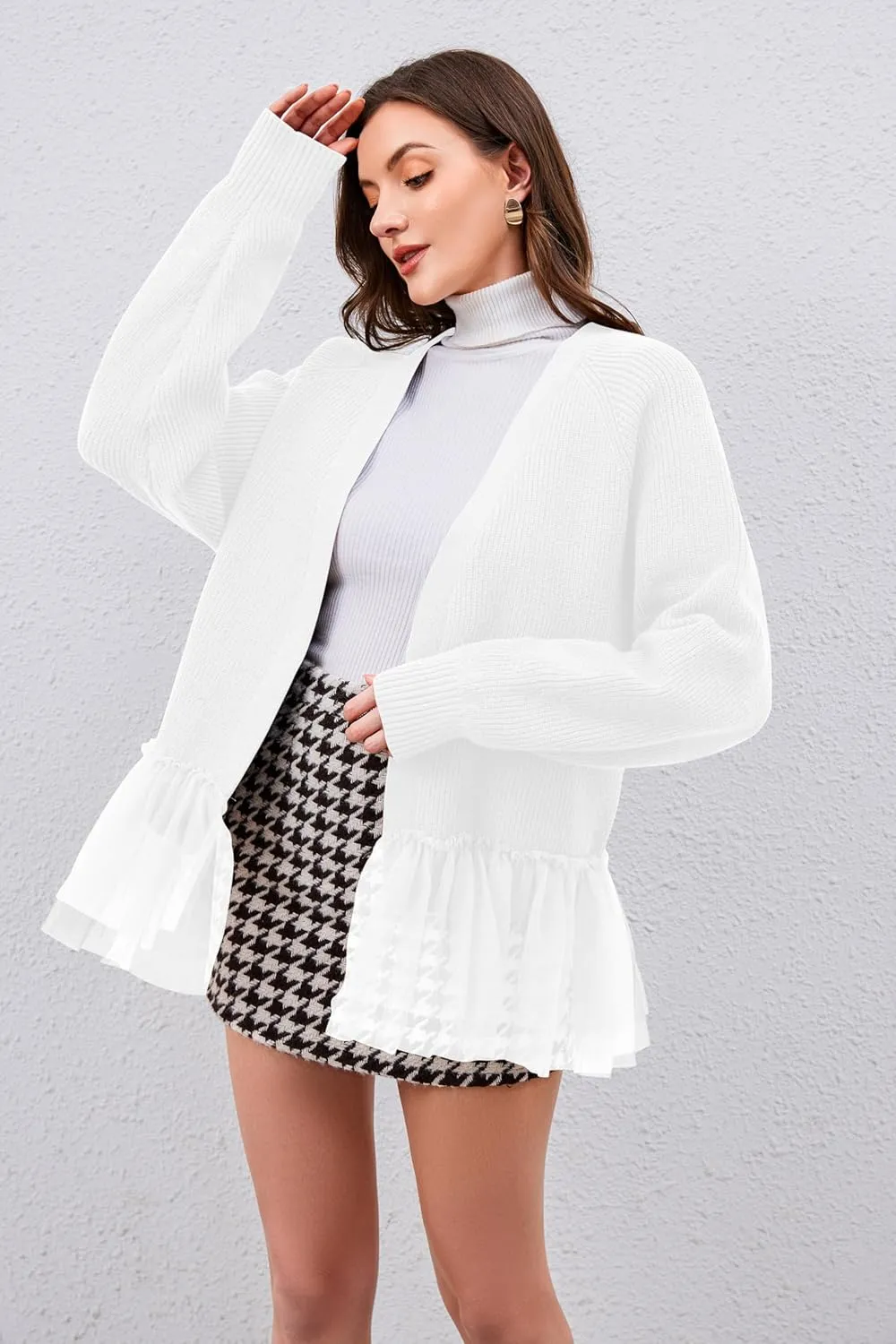 Womens Y2k Oversized Cardigan Sweaters Patchwork Flwoy Hem Crochet Knitted Sweater Tops Tulle Ruffle Ribbed Jacket