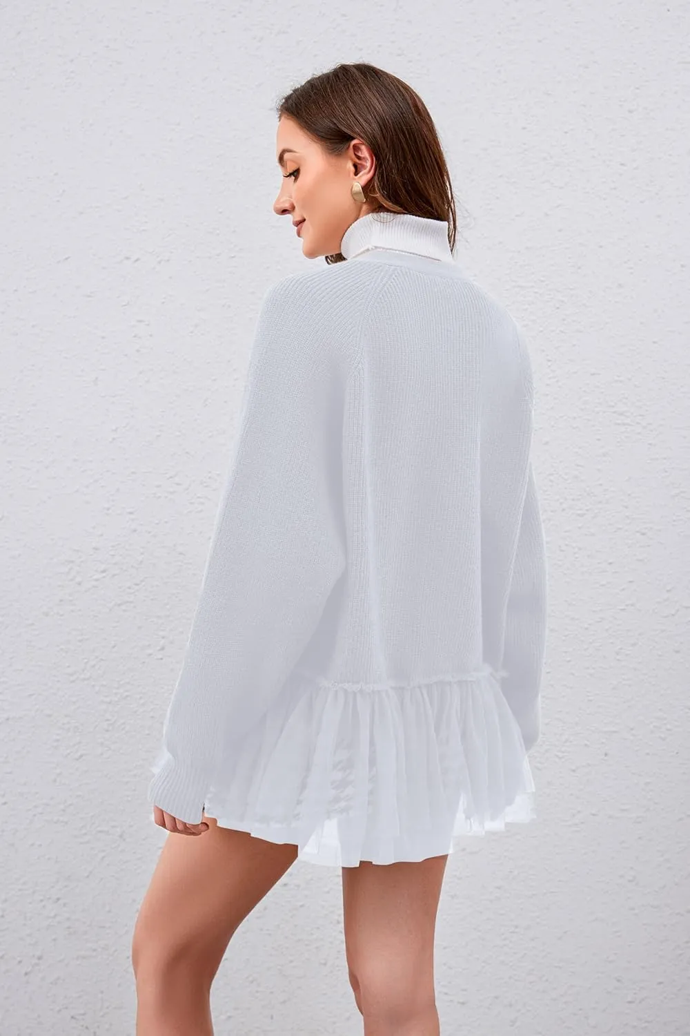 Womens Y2k Oversized Cardigan Sweaters Patchwork Flwoy Hem Crochet Knitted Sweater Tops Tulle Ruffle Ribbed Jacket