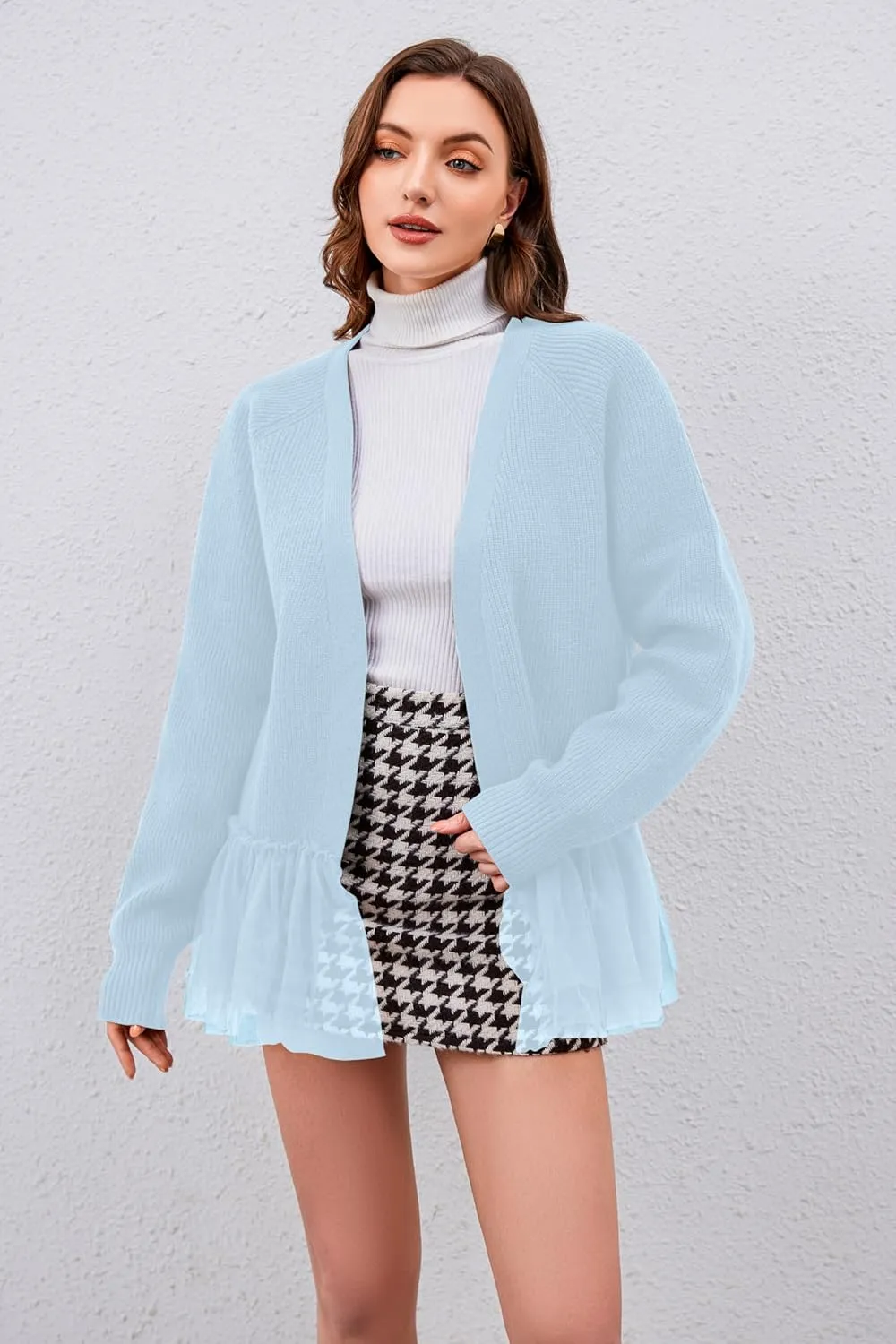 Womens Y2k Oversized Cardigan Sweaters Patchwork Flwoy Hem Crochet Knitted Sweater Tops Tulle Ruffle Ribbed Jacket