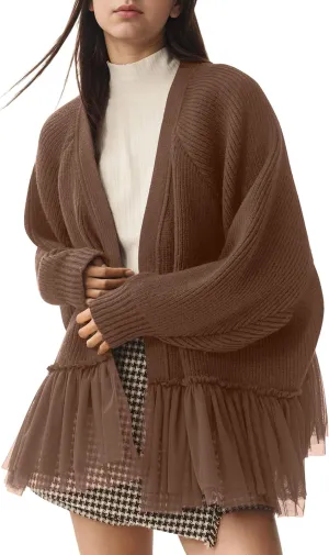 Womens Y2k Oversized Cardigan Sweaters Patchwork Flwoy Hem Crochet Knitted Sweater Tops Tulle Ruffle Ribbed Jacket