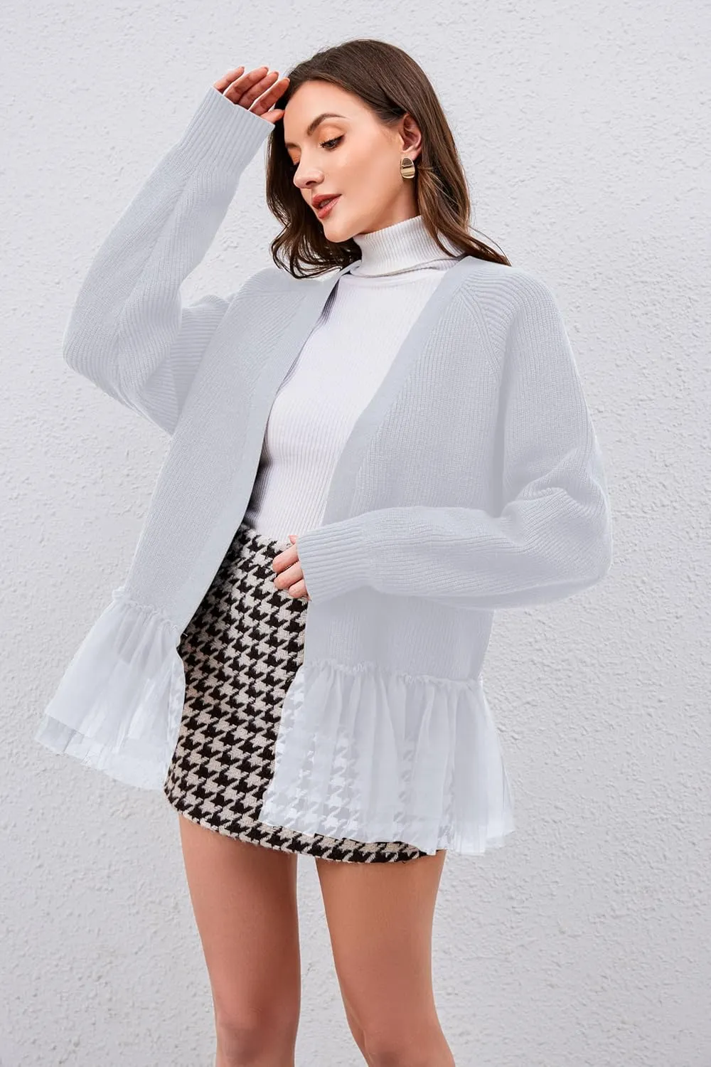 Womens Y2k Oversized Cardigan Sweaters Patchwork Flwoy Hem Crochet Knitted Sweater Tops Tulle Ruffle Ribbed Jacket