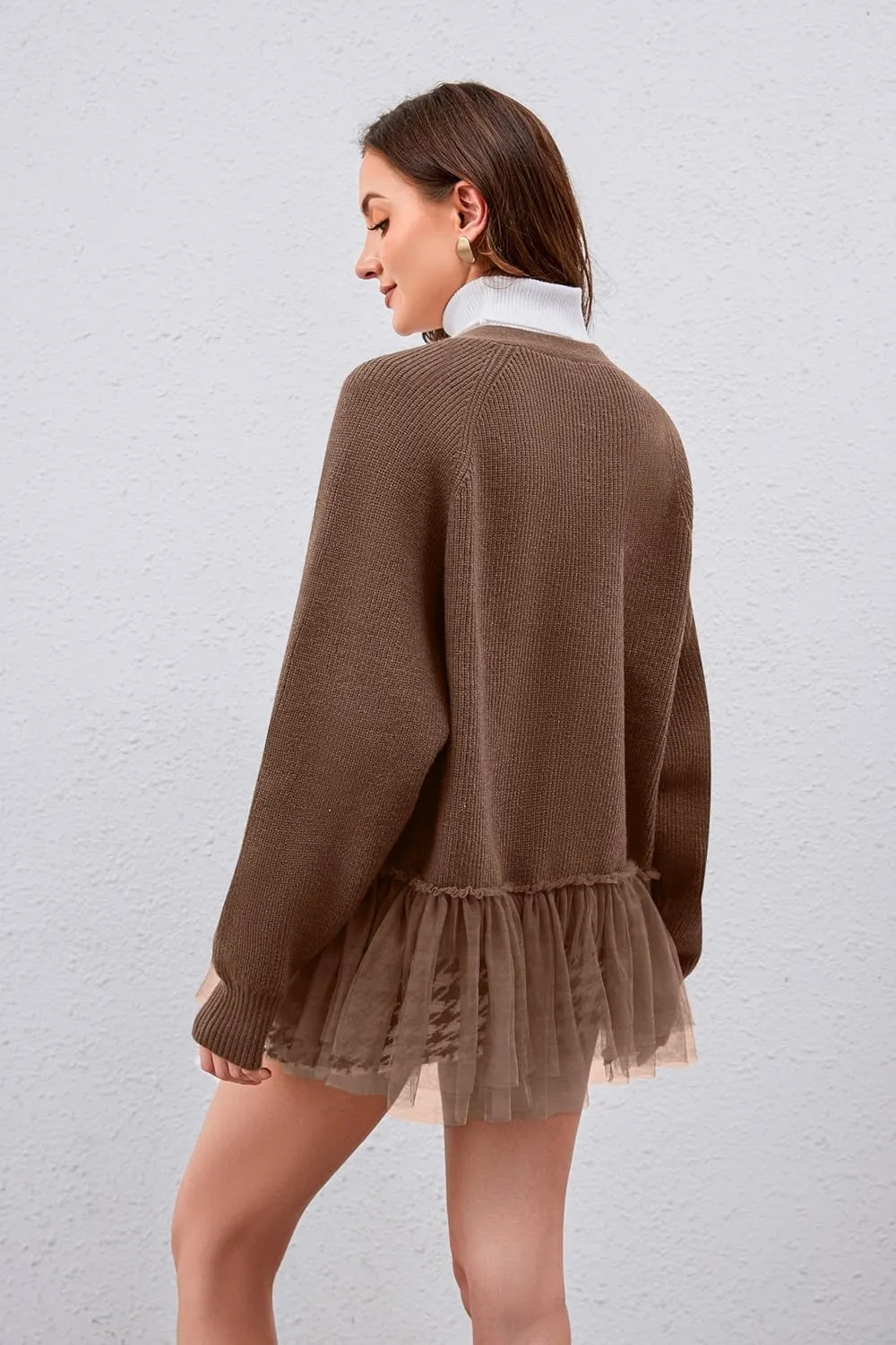 Womens Y2k Oversized Cardigan Sweaters Patchwork Flwoy Hem Crochet Knitted Sweater Tops Tulle Ruffle Ribbed Jacket