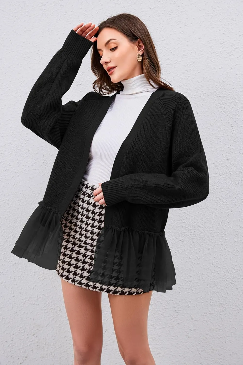 Womens Y2k Oversized Cardigan Sweaters Patchwork Flwoy Hem Crochet Knitted Sweater Tops Tulle Ruffle Ribbed Jacket