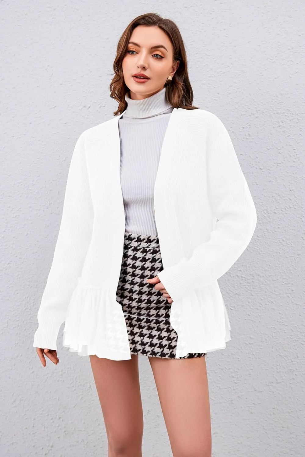 Womens Y2k Oversized Cardigan Sweaters Patchwork Flwoy Hem Crochet Knitted Sweater Tops Tulle Ruffle Ribbed Jacket