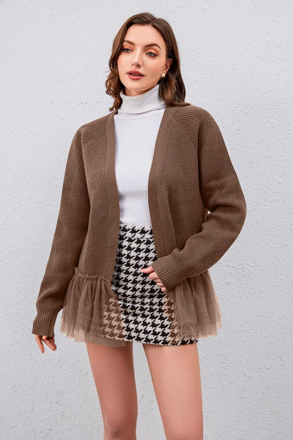 Womens Y2k Oversized Cardigan Sweaters Patchwork Flwoy Hem Crochet Knitted Sweater Tops Tulle Ruffle Ribbed Jacket
