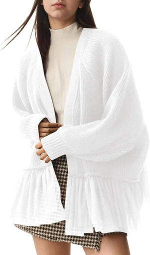 Womens Y2k Oversized Cardigan Sweaters Patchwork Flwoy Hem Crochet Knitted Sweater Tops Tulle Ruffle Ribbed Jacket