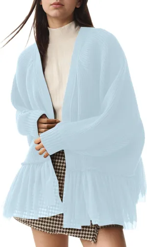 Womens Y2k Oversized Cardigan Sweaters Patchwork Flwoy Hem Crochet Knitted Sweater Tops Tulle Ruffle Ribbed Jacket