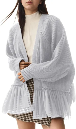 Womens Y2k Oversized Cardigan Sweaters Patchwork Flwoy Hem Crochet Knitted Sweater Tops Tulle Ruffle Ribbed Jacket