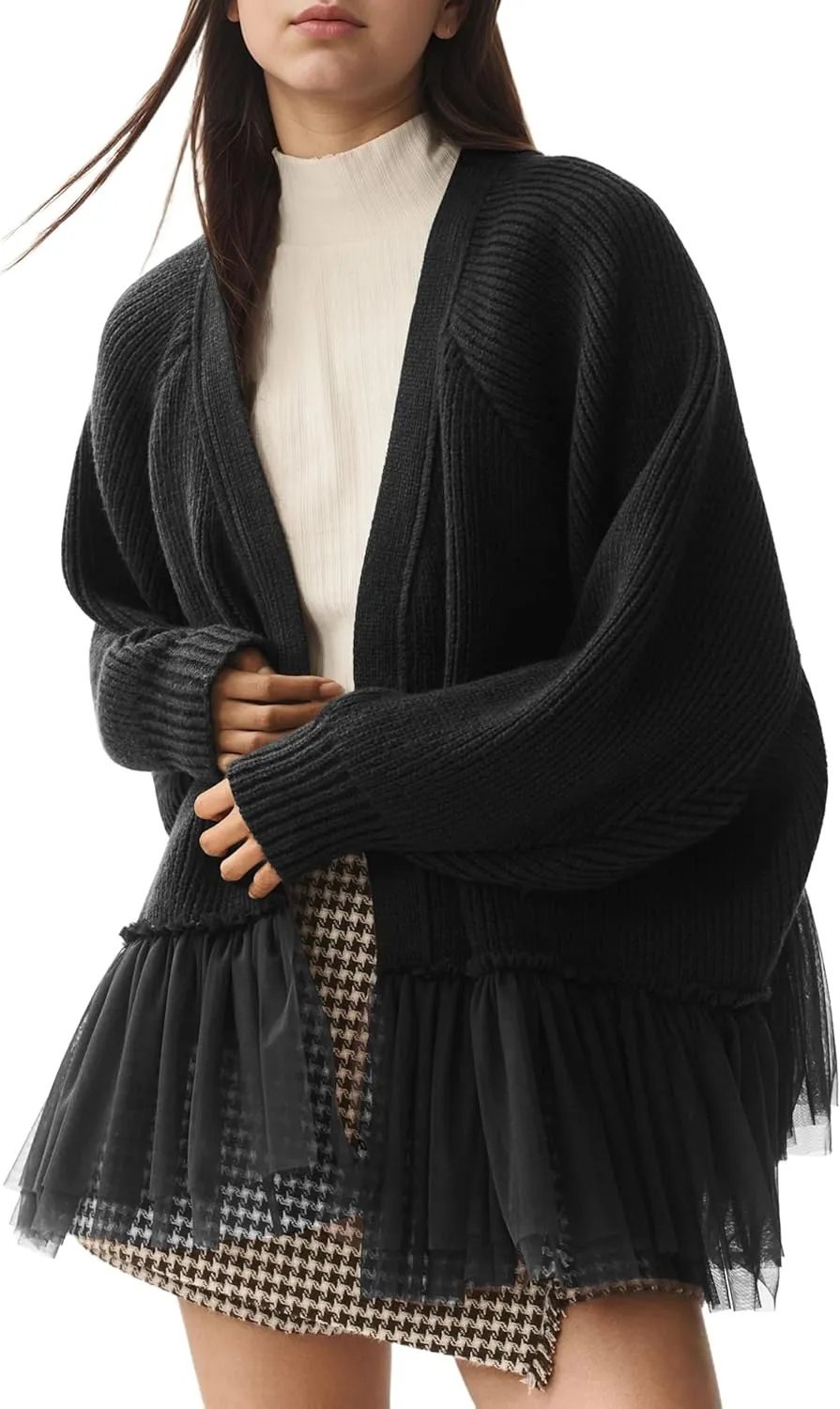 Womens Y2k Oversized Cardigan Sweaters Patchwork Flwoy Hem Crochet Knitted Sweater Tops Tulle Ruffle Ribbed Jacket