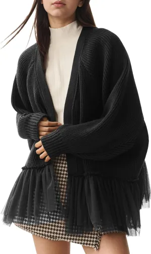 Womens Y2k Oversized Cardigan Sweaters Patchwork Flwoy Hem Crochet Knitted Sweater Tops Tulle Ruffle Ribbed Jacket