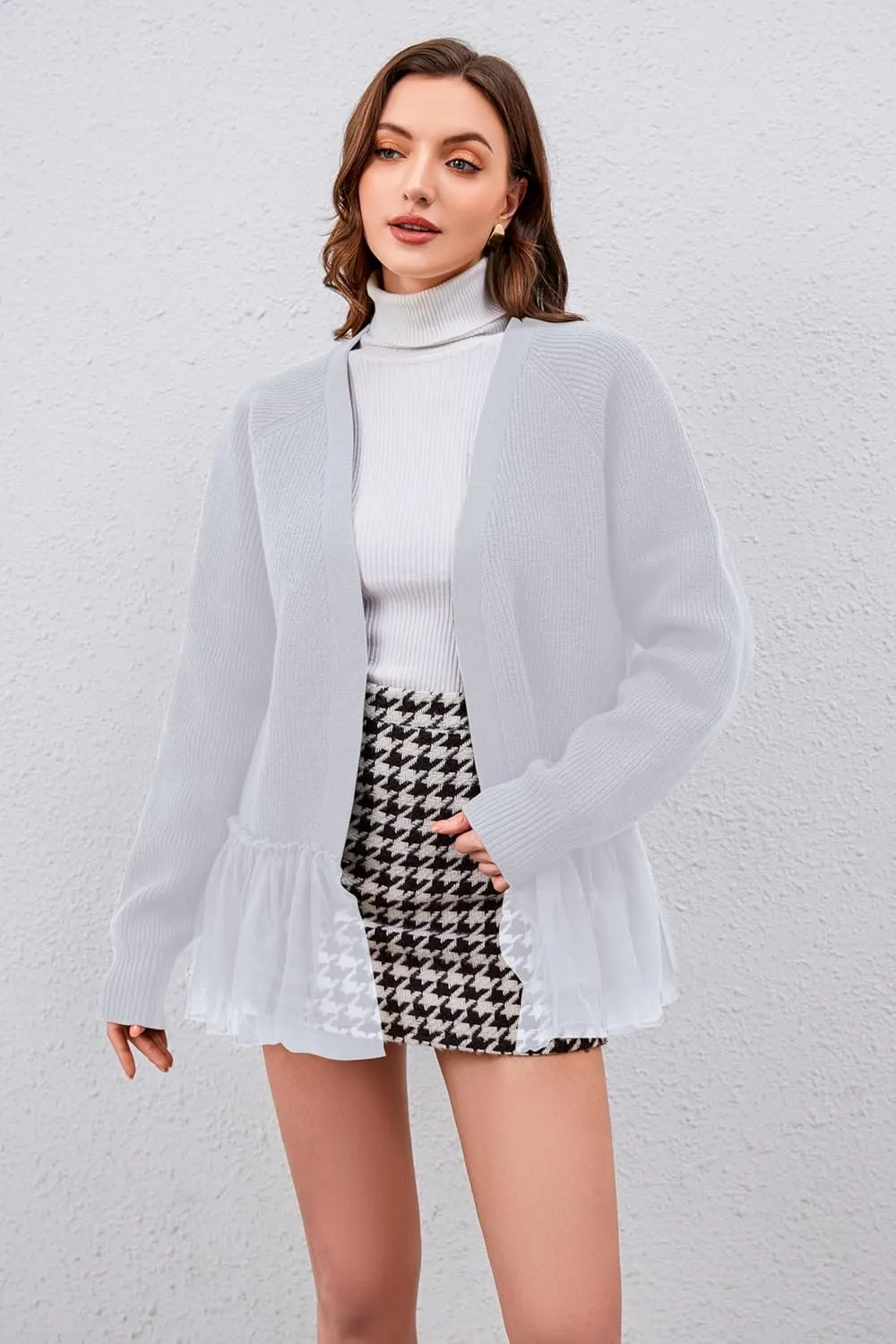 Womens Y2k Oversized Cardigan Sweaters Patchwork Flwoy Hem Crochet Knitted Sweater Tops Tulle Ruffle Ribbed Jacket