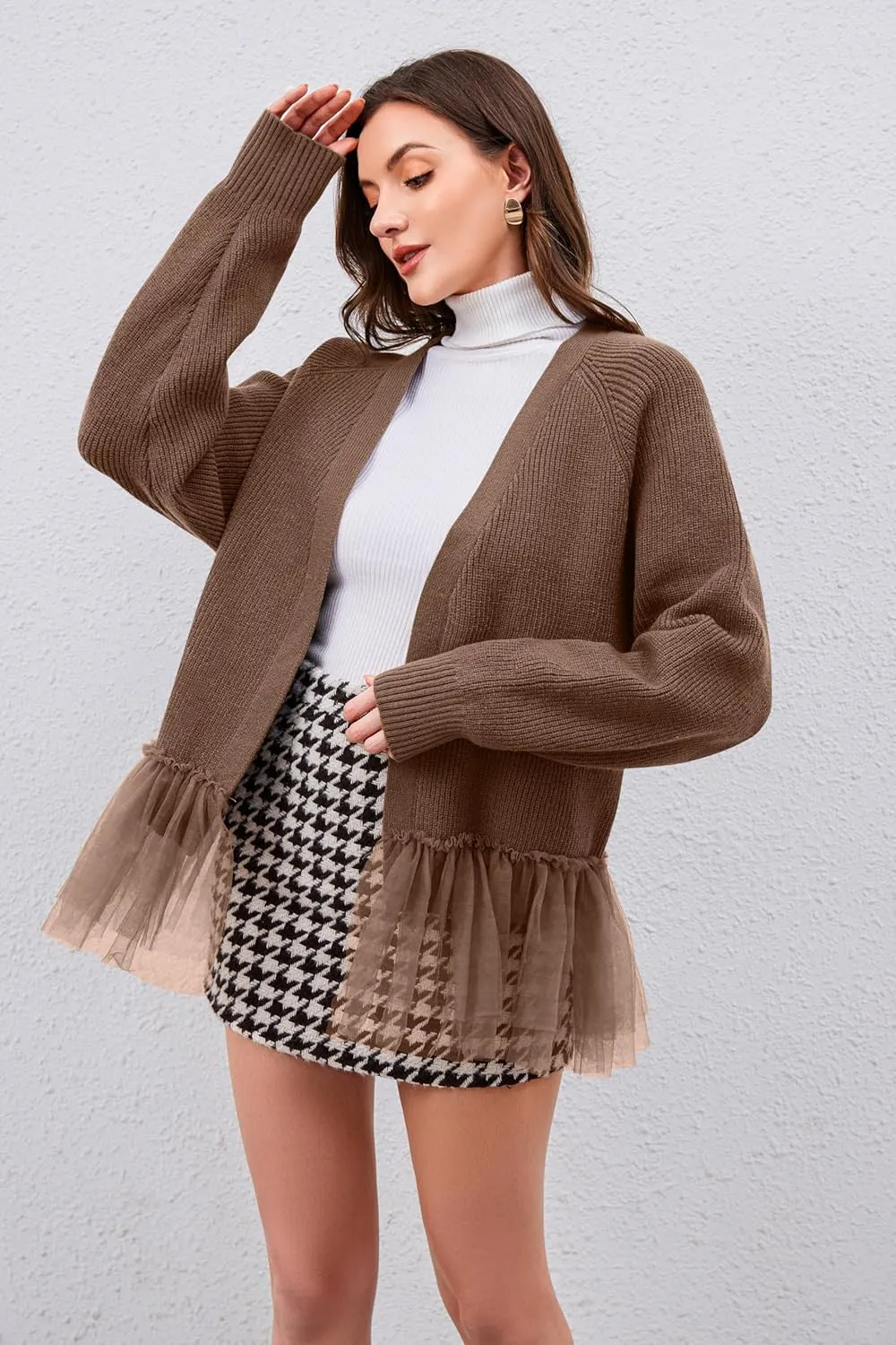 Womens Y2k Oversized Cardigan Sweaters Patchwork Flwoy Hem Crochet Knitted Sweater Tops Tulle Ruffle Ribbed Jacket