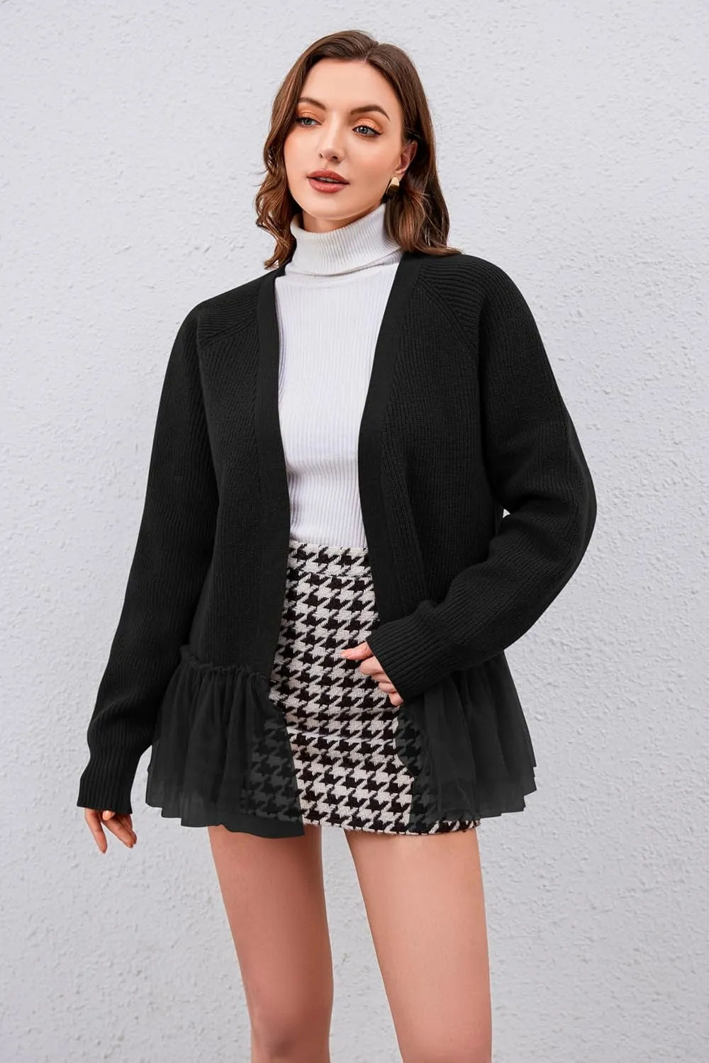 Womens Y2k Oversized Cardigan Sweaters Patchwork Flwoy Hem Crochet Knitted Sweater Tops Tulle Ruffle Ribbed Jacket