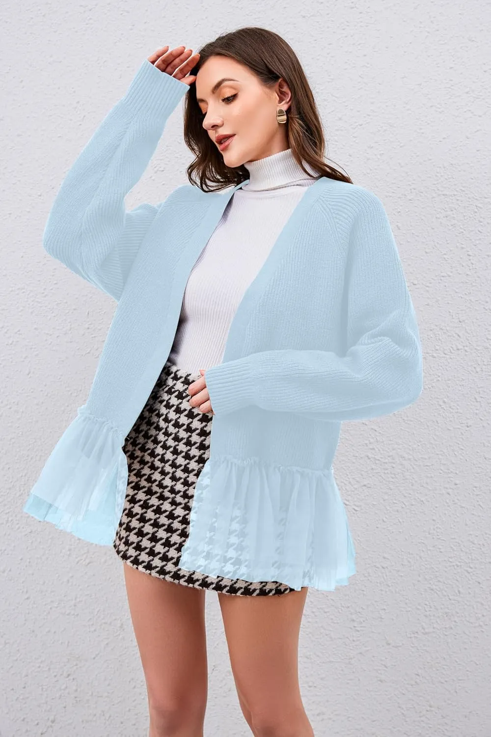 Womens Y2k Oversized Cardigan Sweaters Patchwork Flwoy Hem Crochet Knitted Sweater Tops Tulle Ruffle Ribbed Jacket