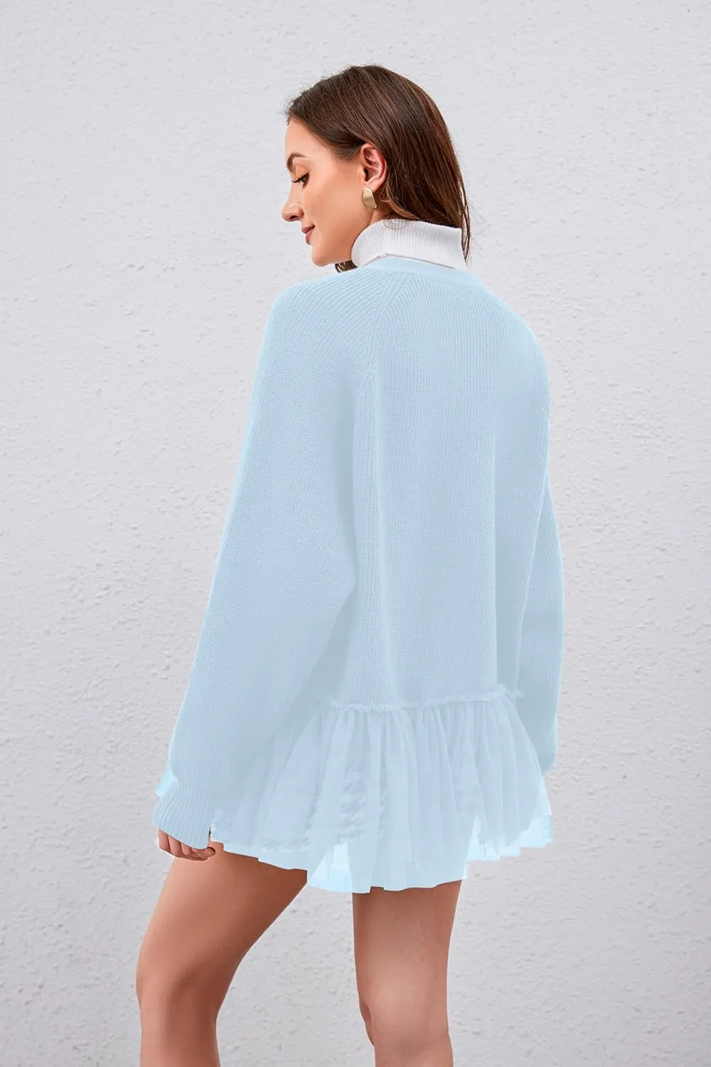 Womens Y2k Oversized Cardigan Sweaters Patchwork Flwoy Hem Crochet Knitted Sweater Tops Tulle Ruffle Ribbed Jacket