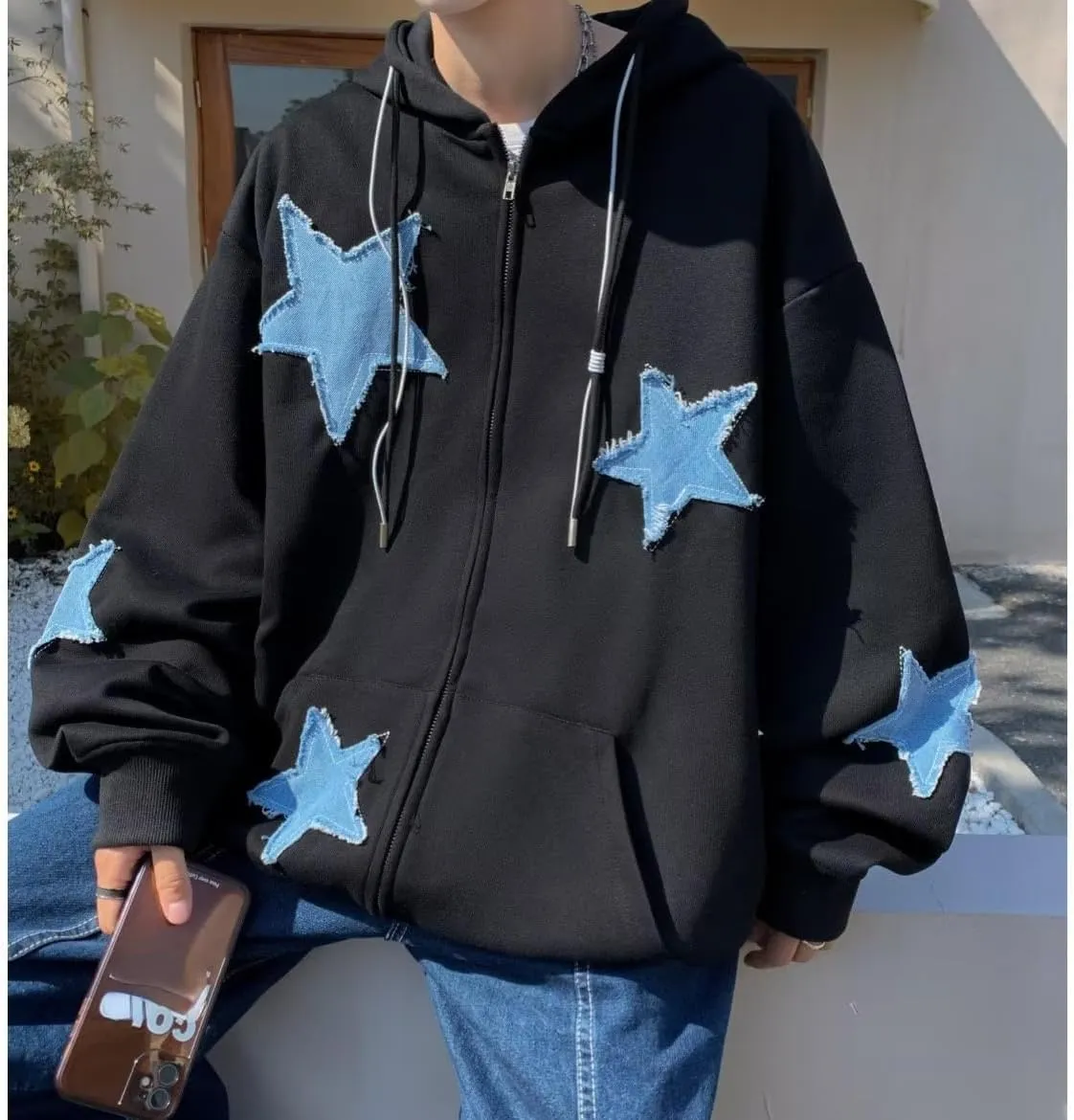 Y2k Hoodie Men Zip Hoodie Y2k Jacket Star Graphic Hoodies Sweatshirt Grunge Harajuku Hip Hop Streetwear